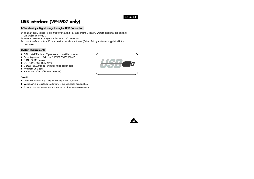 Samsung VP-L905D/XEV manual Transferring a Digital Image through a USB Connection, System Requirements 