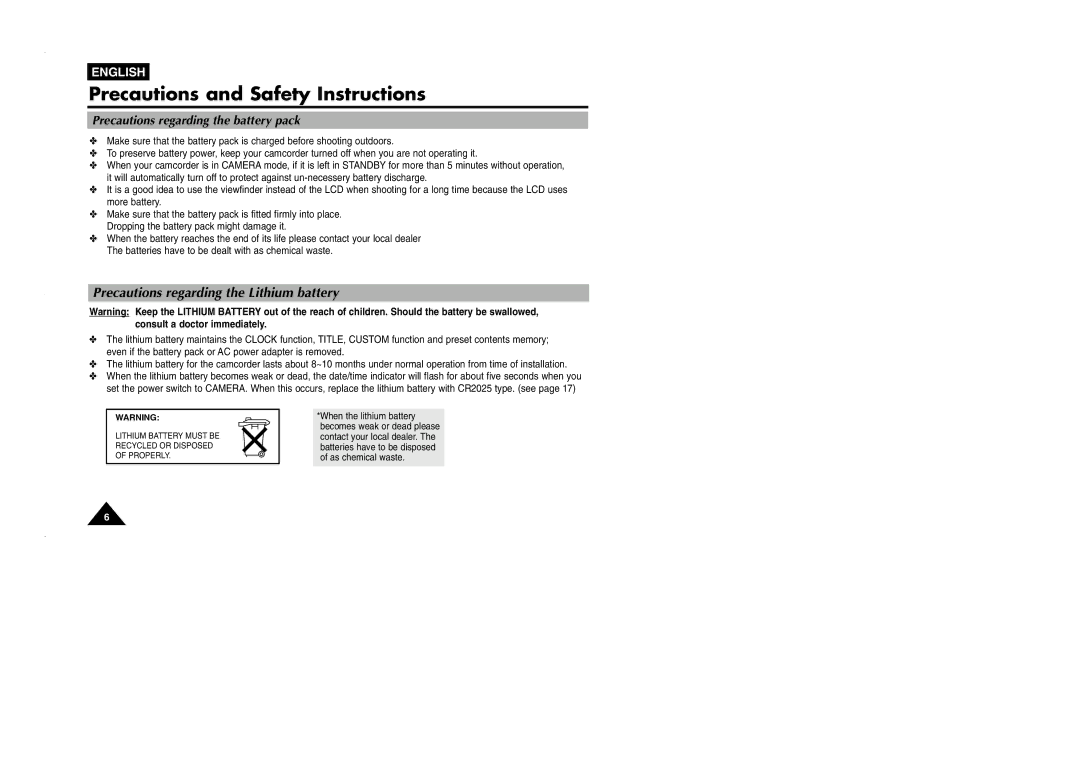 Samsung VP-L905D/XEV manual Precautions regarding the Lithium battery, Precautions regarding the battery pack 