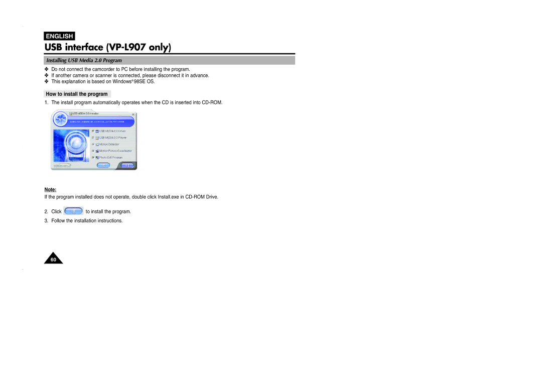 Samsung VP-L905D/XEV manual Installing USB Media 2.0 Program, How to install the program 