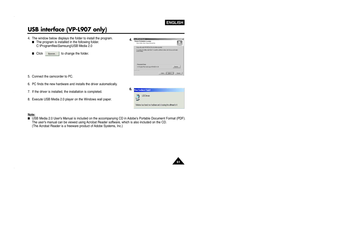 Samsung VP-L905D/XEV manual Window below displays the folder to install the program 