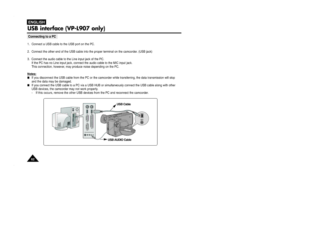 Samsung VP-L905D/XEV manual Connecting to a PC, USB Cable, USB Audio Cable 