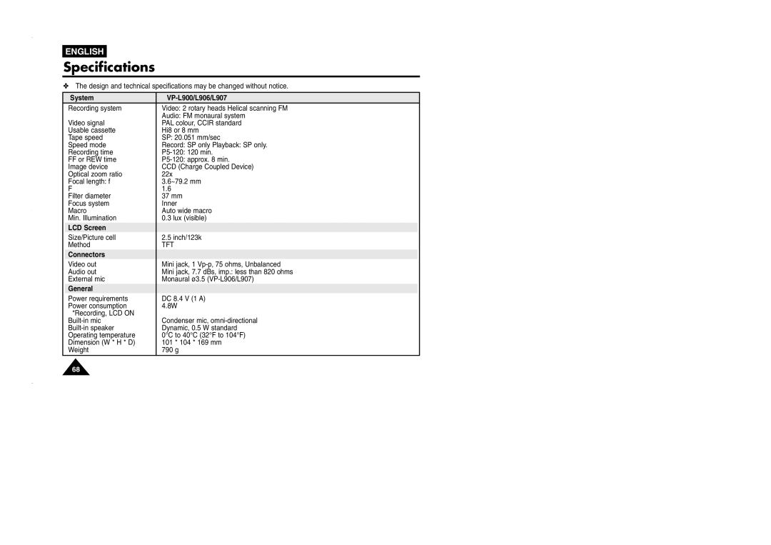 Samsung VP-L905D/XEV manual Specifications, System VP-L900/L906/L907, LCD Screen, Connectors, General 