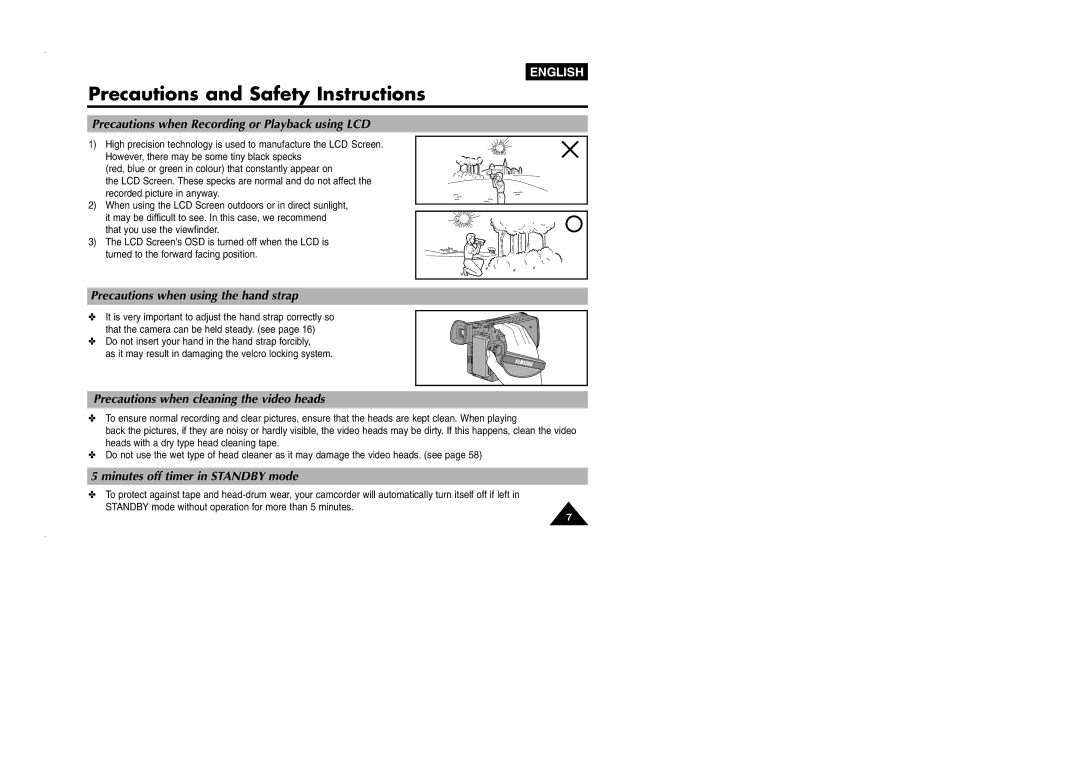 Samsung VP-L905D/XEV manual Precautions when Recording or Playback using LCD, Precautions when using the hand strap 