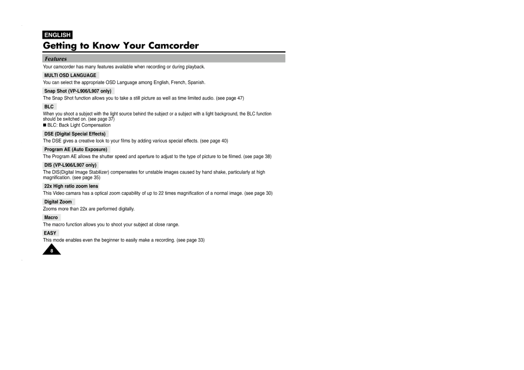 Samsung VP-L905D/XEV manual Getting to Know Your Camcorder, Features 