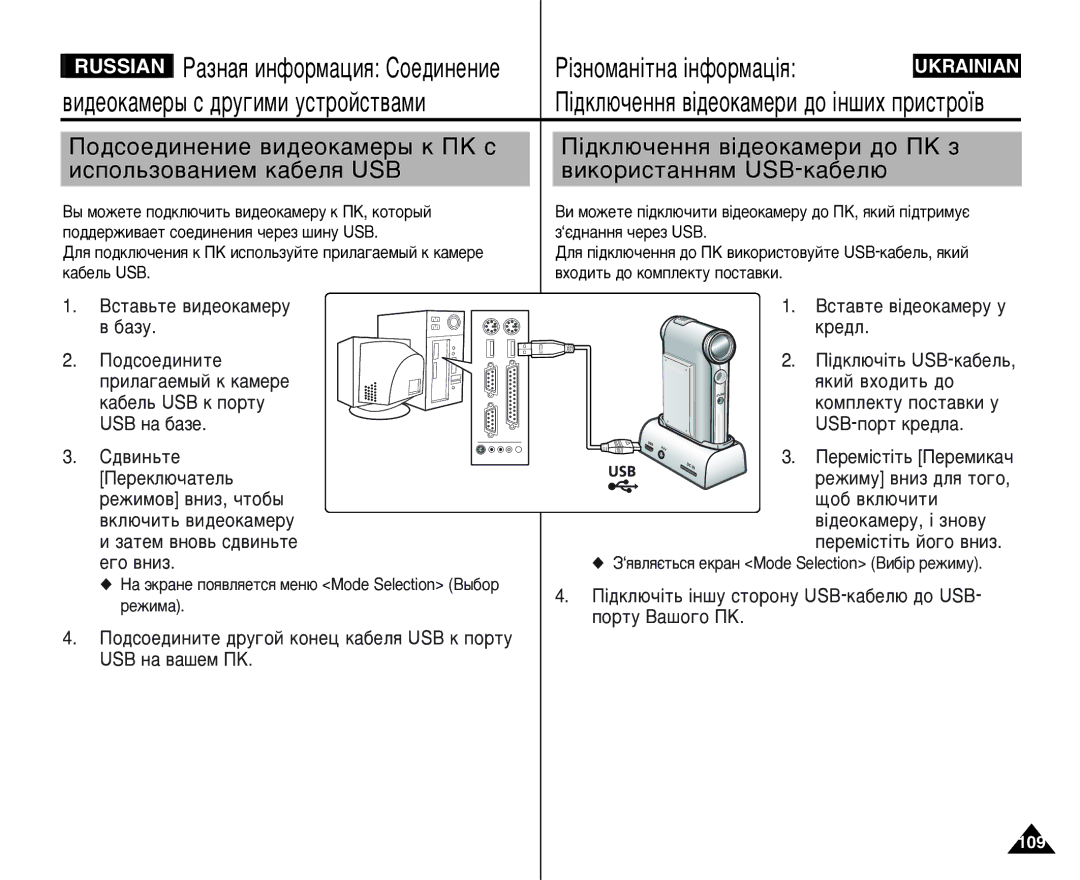 Samsung VP-M110B/XEV, VP-M105B/XEC manual ÈÓ‰ÒÓÂ‰ËÌÂÌËÂ ‚Ë‰ÂÓÍ‡ÏÂ˚ Í èä Ò ËÒÔÓÎ¸ÁÓ‚‡ÌËÂÏ Í‡·ÂÎﬂ USB, Çòú‡‚¸Úâ ‚Ë‰Âóí‡Ïâû 