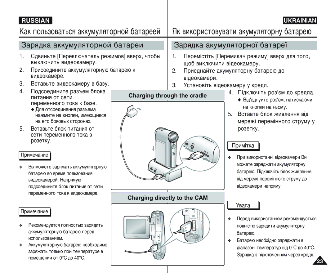 Samsung VP-M105R/XEV, VP-M105B/XEC ‡ﬂ‰Í‡ ‡ÍÍÛÏÛÎﬂÚÓÌÓÈ ·‡Ú‡ÂË ‡ﬂ‰Í‡ ‡ÍÛÏÛÎﬂÚÓÌÓª ·‡Ú‡Âª, Charging through the cradle 