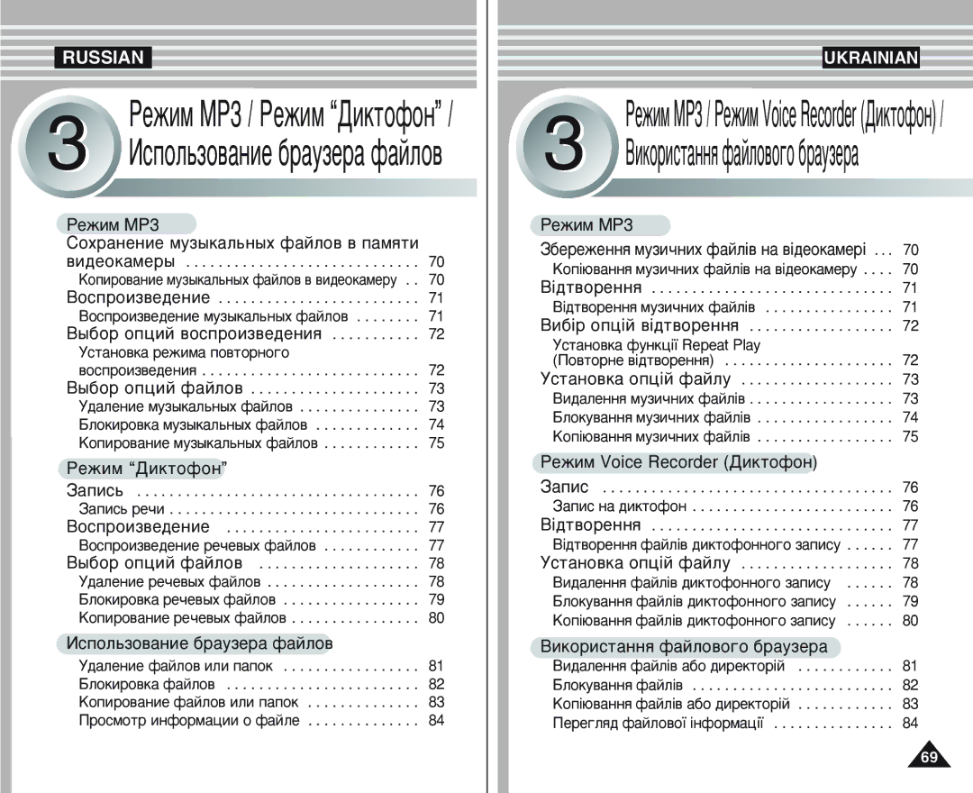 Samsung VP-M110R/XEV, VP-M105B/XEC, VP-M105S/XEV, VP-M105R/XEV, VP-M110S/XEV, VP-M110B/XEV manual ÊÂÊËÏ MP3 / êÂÊËÏ Ñëíúóùóì 