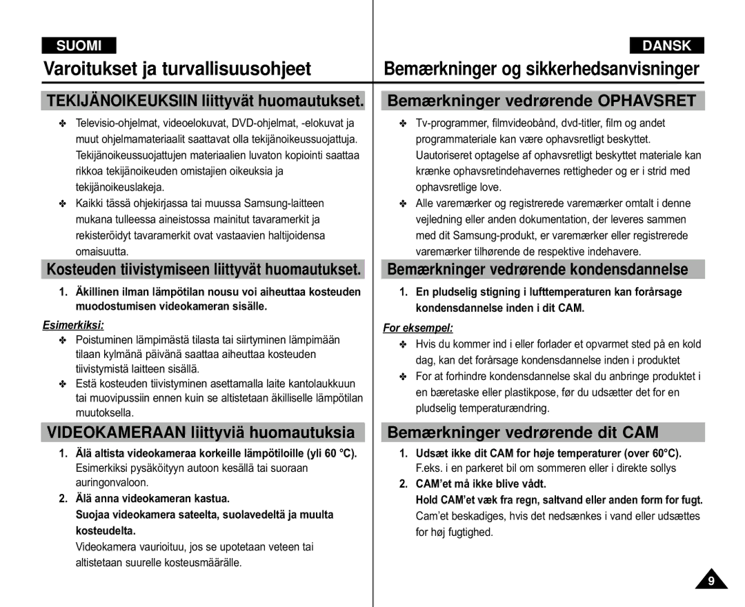 Samsung VP-M105S/XEE, VP-M105S/XEV manual Videokameraan liittyviä huomautuksia, Bemærkninger vedrørende kondensdannelse 