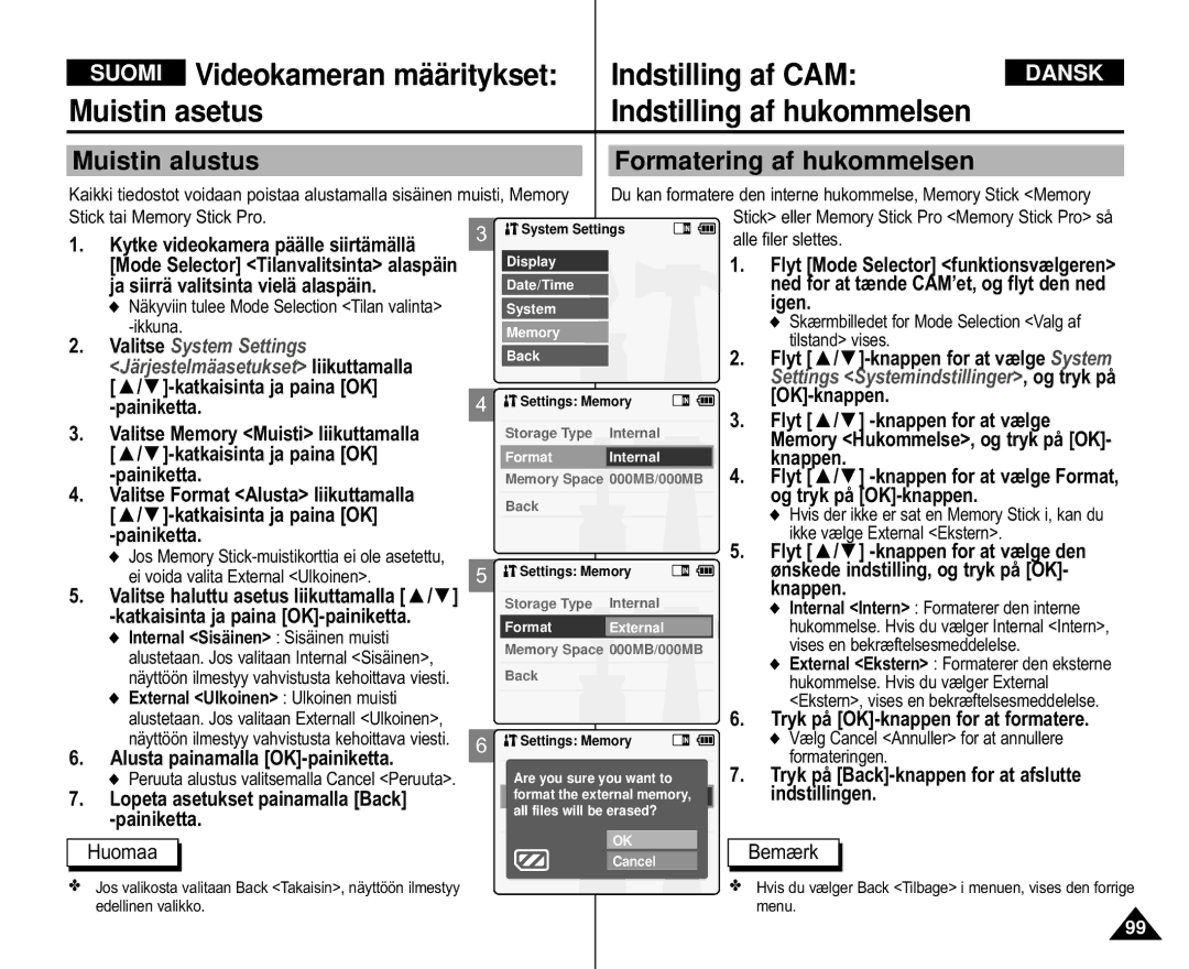 Samsung VP-M105S/XEE manual Muistin alustus Formatering af hukommelsen, Valitse Format Alusta liikuttamalla, Huomaa Bemærk 