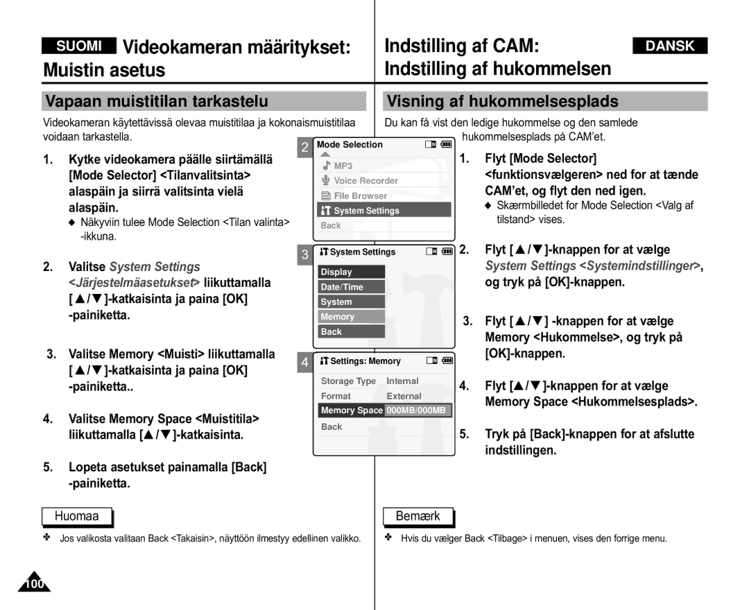 Samsung VP-M110S/XEE, VP-M105S/XEV manual Vapaan muistitilan tarkastelu Visning af hukommelsesplads, Voidaan tarkastella 