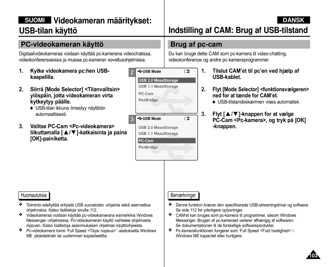 Samsung VP-X110L/XEV, VP-M105S/XEV manual PC-videokameran kä yttö Brug af pc-cam, Kytke videokamera pchen USB- kaapelilla 
