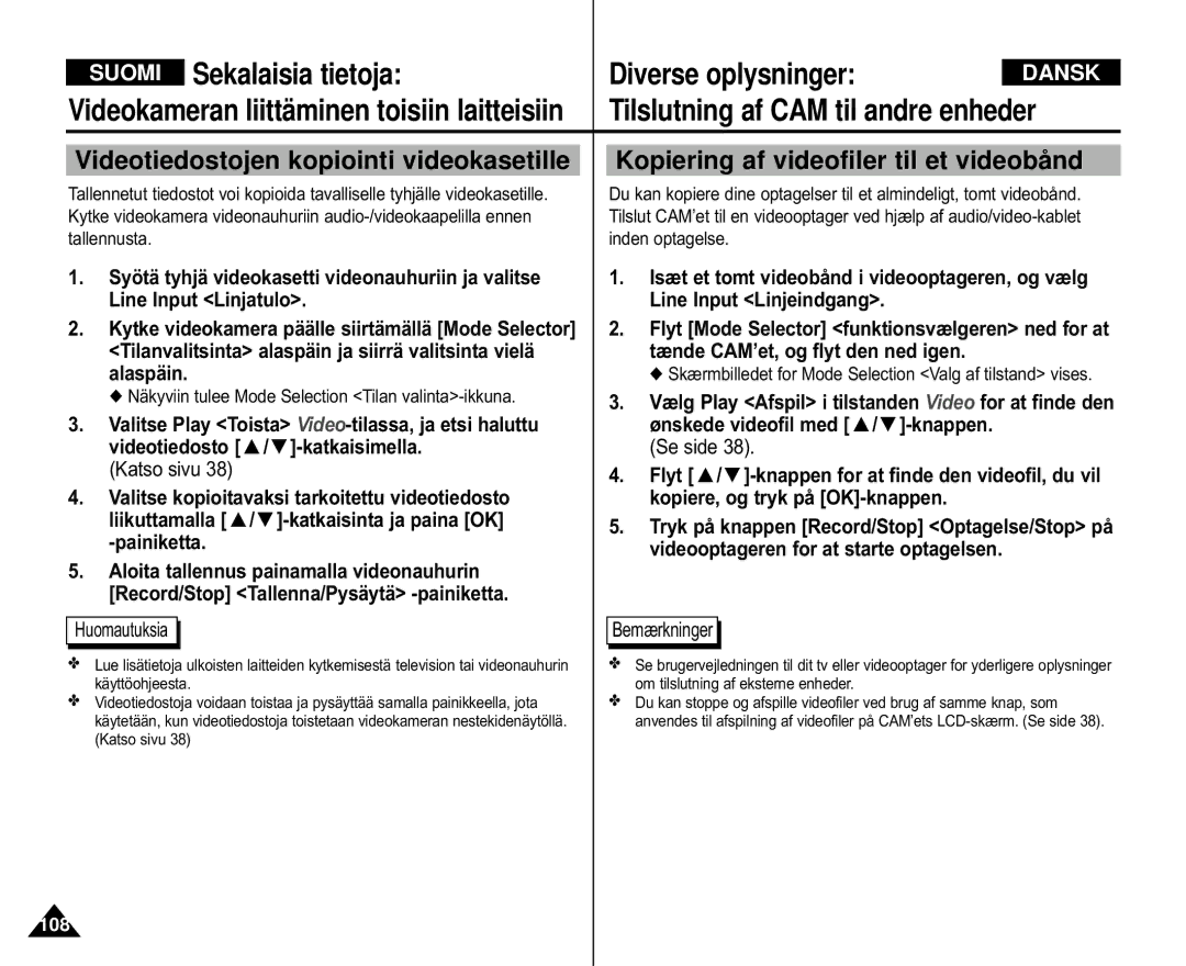 Samsung VP-M105S/XEE, VP-M105S/XEV Sekalaisia tietoja Diverse oplysninger, Videokameran liittäminen toisiin laitteisiin 