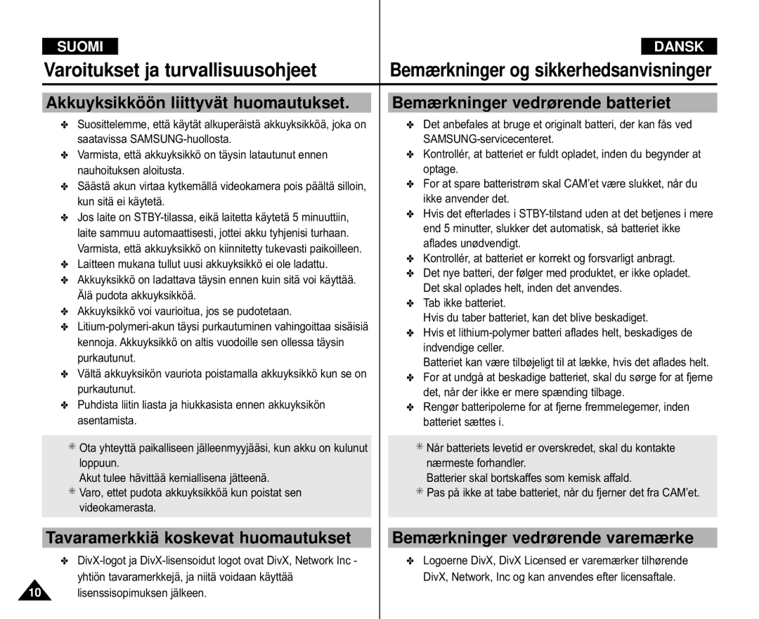 Samsung VP-M110S/XEE Akkuyksikköön liittyvät huomautukset, Bemærkninger vedrørende batteriet, Lisenssisopimuksen jälkeen 