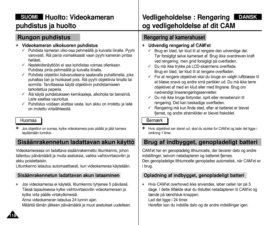 Samsung VP-M110S/XEE Huolto Videokameran Vedligeholdelse Rengøring, Puhdistus ja huolto Og vedligeholdelse af dit CAM 