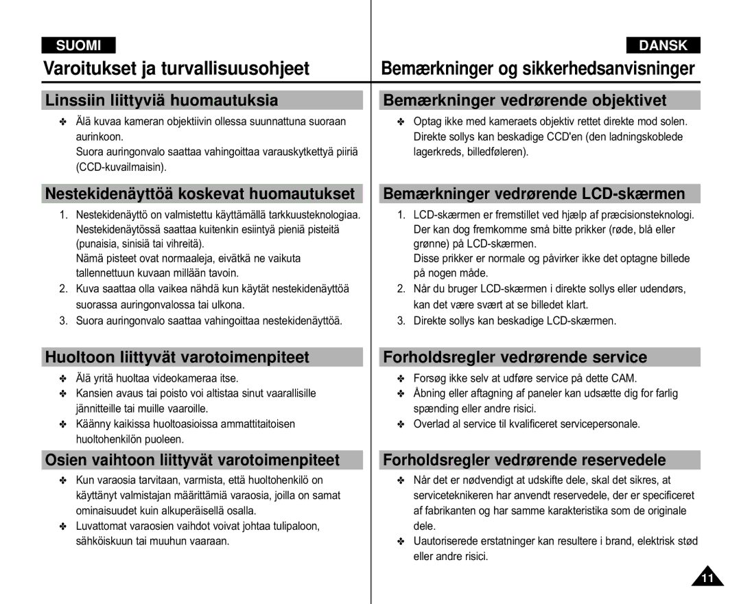 Samsung VP-M105R/XEV, VP-M105S/XEV manual Huoltoon liittyvät varotoimenpiteet, Osien vaihtoon liittyvät varotoimenpiteet 