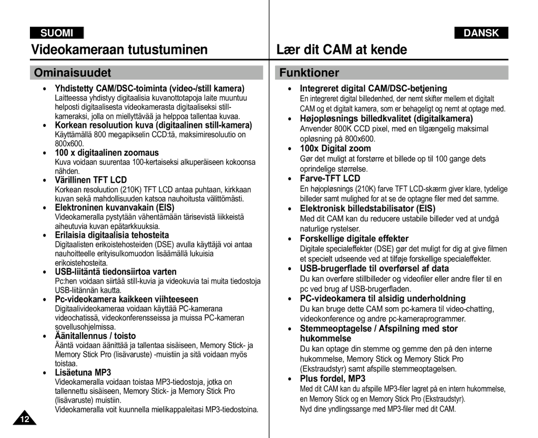 Samsung VP-M110S/XEV, VP-M105S/XEV, VP-M105S/XEE Videokameraan tutustuminen Lær dit CAM at kende, Ominaisuudet, Funktioner 