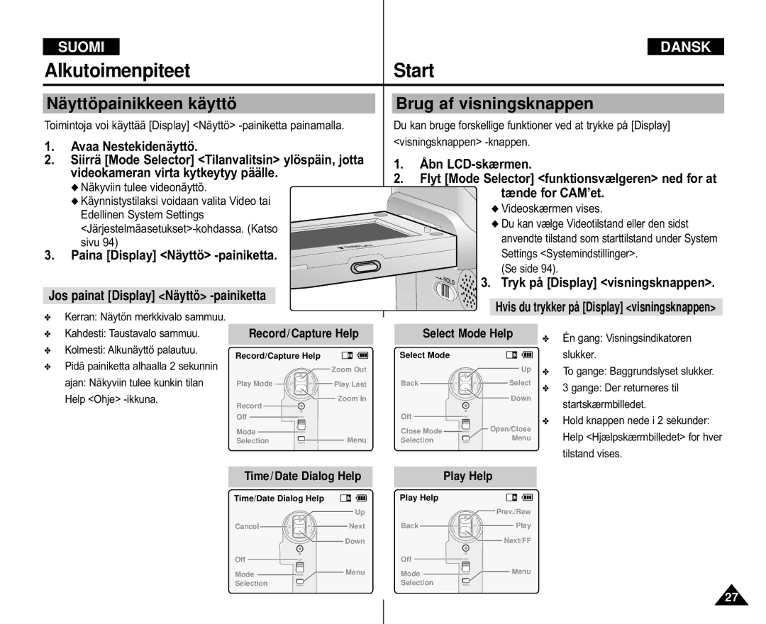 Samsung VP-M105S/XEE manual Nä yttö painikkeen kä yttö, Brug af visningsknappen, Tryk på Display visningsknappen, Se side 