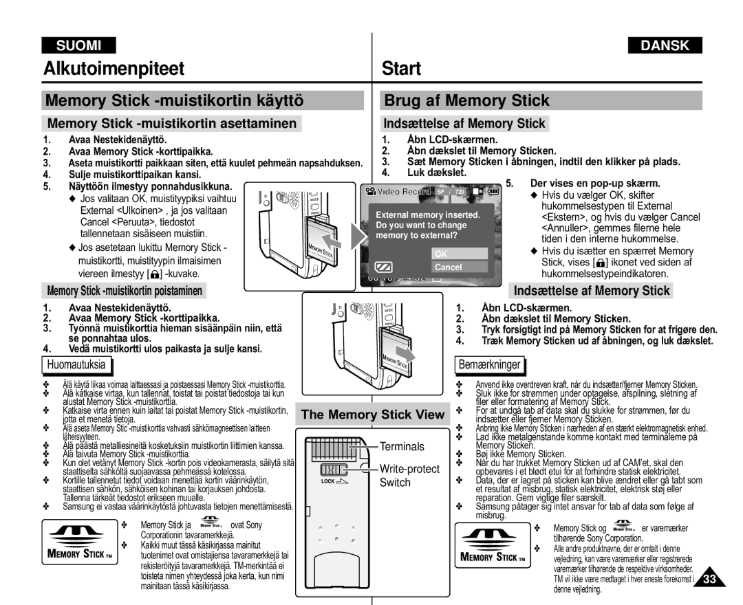 Samsung VP-M105B/XEV manual Alkutoimenpiteet, Memory Stick -muistikortin kä yttö, Brug af Memory Stick, Memory Stick View 