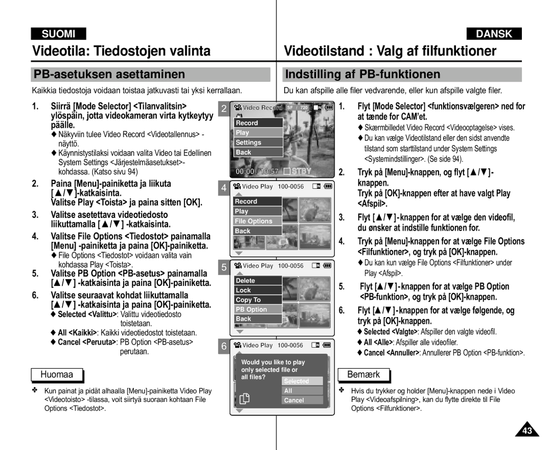 Samsung VP-M110R/XEV, VP-M105S/XEV manual PB-asetuksen asettaminen, Indstilling af PB-funktionen, At tænde for CAM’et 