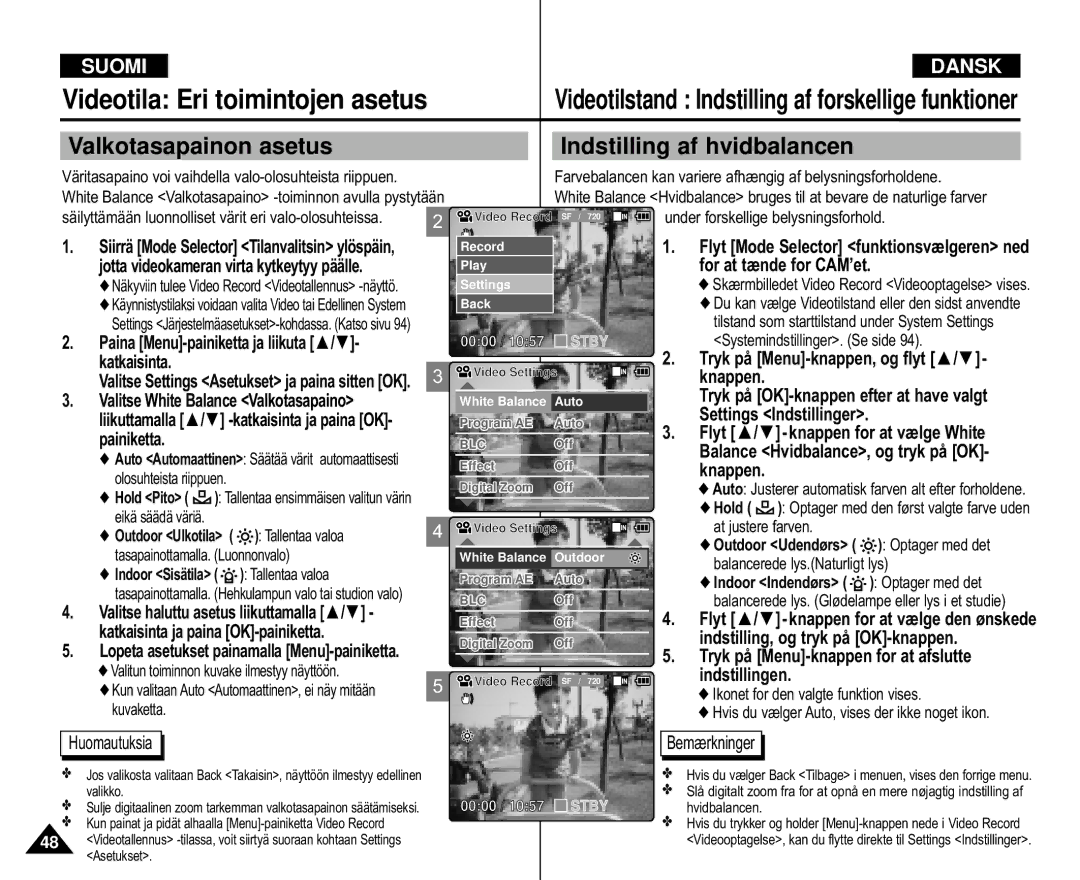 Samsung VP-M110S/XEV Valkotasapainon asetus Indstilling af hvidbalancen, Paina Menu-painiketta ja liikuta / katkaisinta 