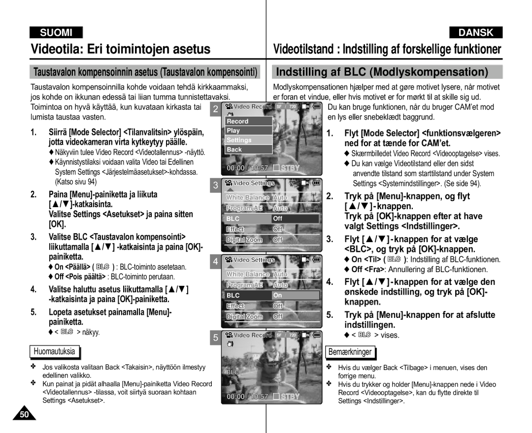 Samsung VP-M110B/XEV manual Videotila Eri toimintojen asetus, Indstilling af BLC Modlyskompensation, Katkaisinta Knappen 