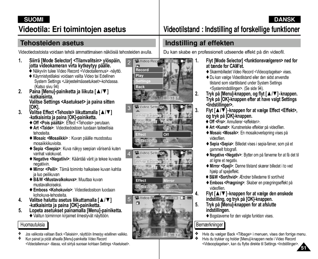 Samsung VP-M105B/XEV, VP-M105S/XEV, VP-M105S/XEE manual Tehosteiden asetus, Indstilling af effekten, Kohokuva-tehosteita 