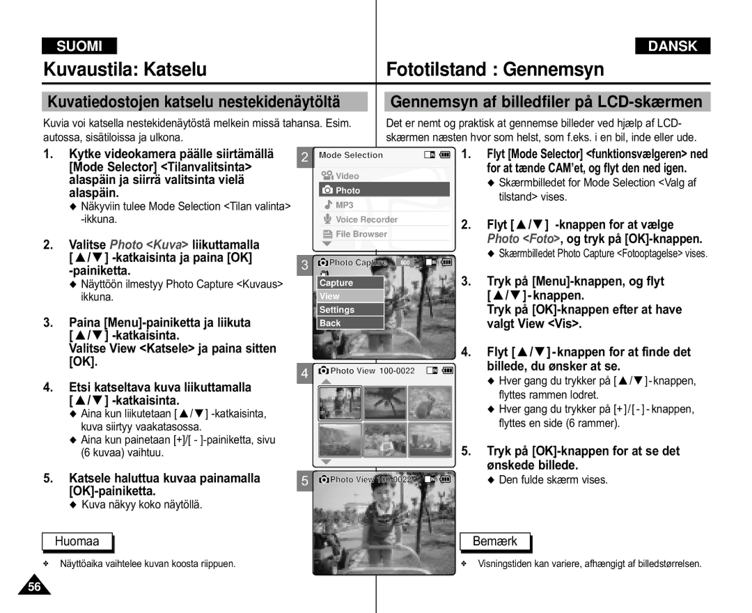 Samsung VP-M105R/XEV manual Kuvaustila Katselu Fototilstand Gennemsyn, Katsele haluttua kuvaa painamalla OK-painiketta 