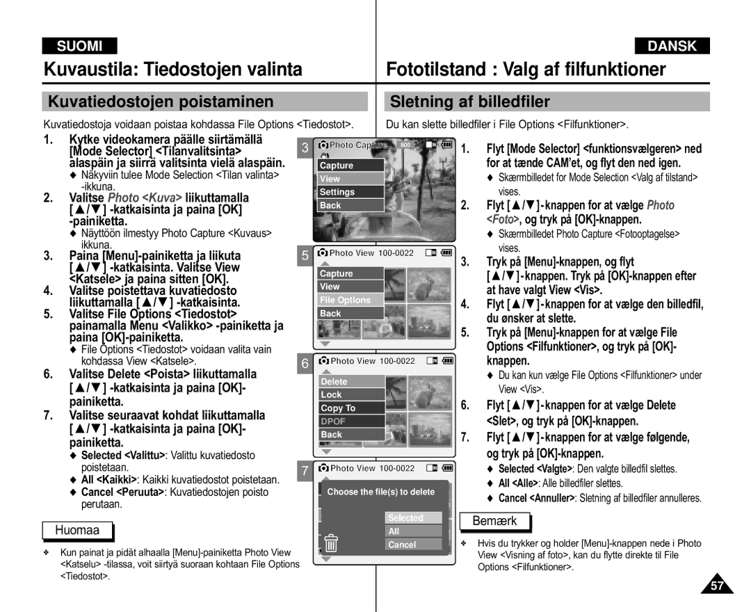 Samsung VP-M110S/XEV, VP-M105S/XEV, VP-M105S/XEE, VP-M110S/XEE manual Kuvatiedostojen poistaminen Sletning af billedfiler 