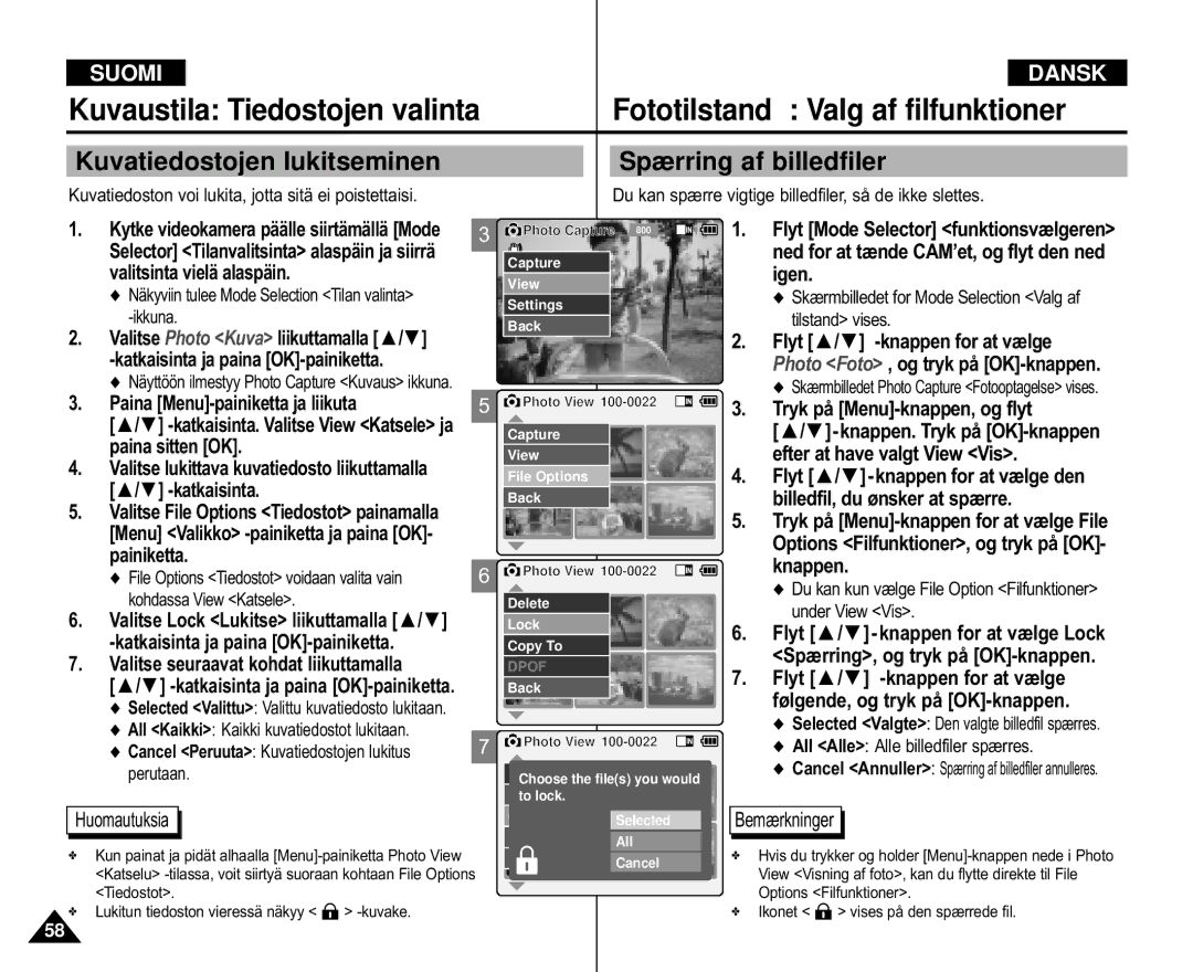 Samsung VP-X110L/XEV, VP-M105S/XEV, VP-M105S/XEE, VP-M110S/XEE manual Kuvatiedostojen lukitseminen, Spærring af billedfiler 