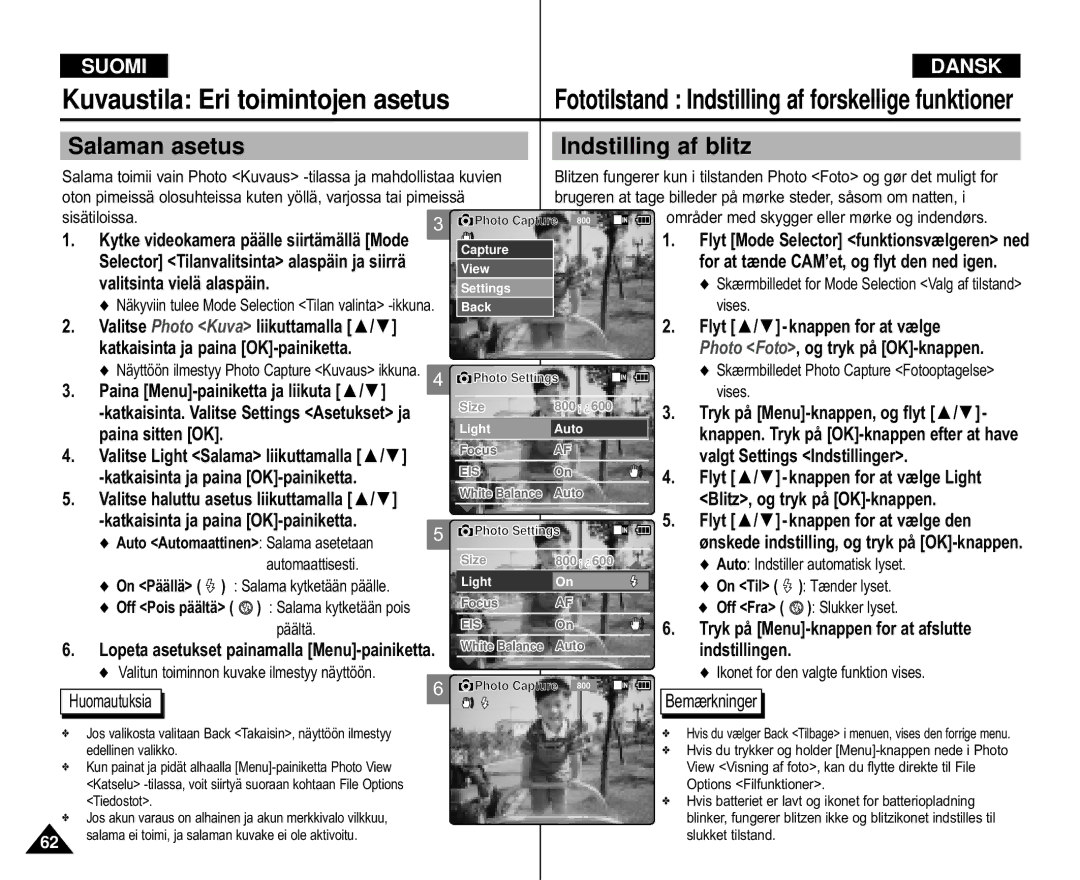 Samsung VP-M105S/XEV Salaman asetus Indstilling af blitz, Valitsinta vielä alaspäin, Paina Menu-painiketta ja liikuta 