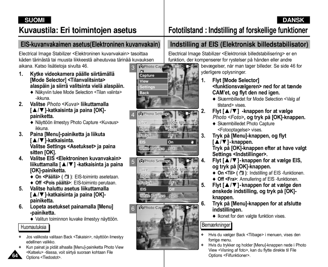 Samsung VP-M110S/XEE, VP-M105S/XEV, VP-M105S/XEE manual Lopeta asetukset painamalla Menu -painiketta, Settings Indstillinger 