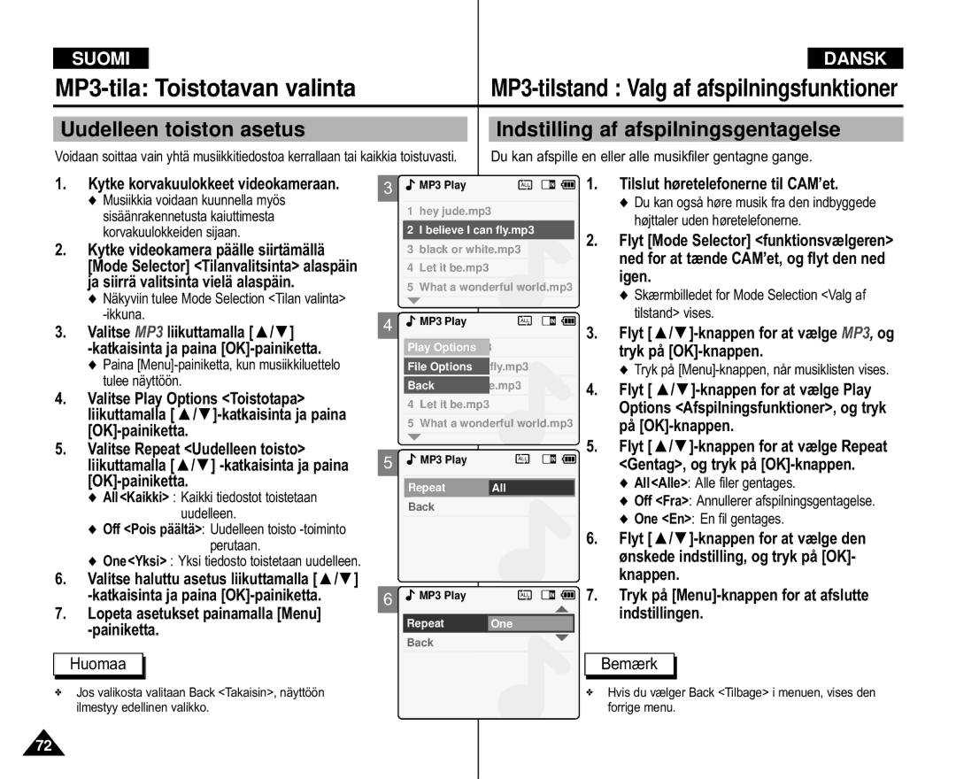 Samsung VP-M105S/XEE MP3-tila Toistotavan valinta, Valitse Play Options Toistotapa, Flyt / -knappen for at vælge Repeat 