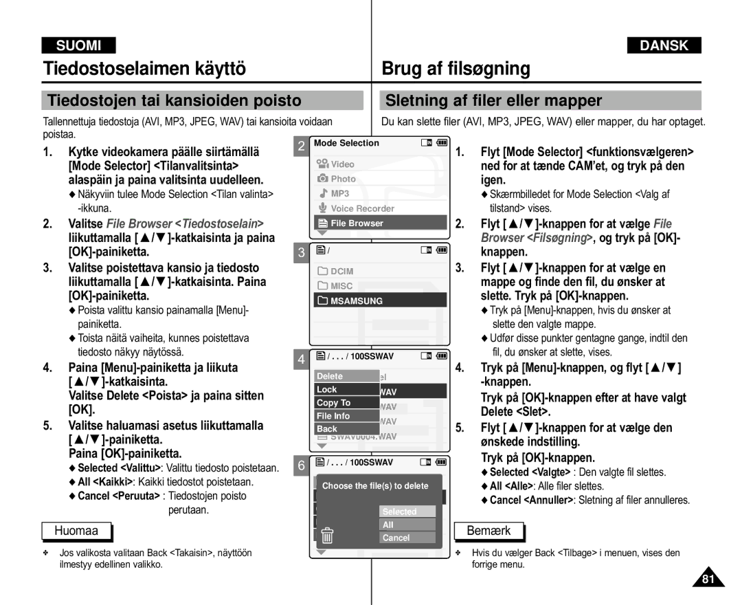 Samsung VP-M105S/XEE, VP-M105S/XEV, VP-M110S/XEE, VP-M105R/XEV, VP-M110S/XEV manual Tiedostoselaimen käyttö Brug af filsøgning 