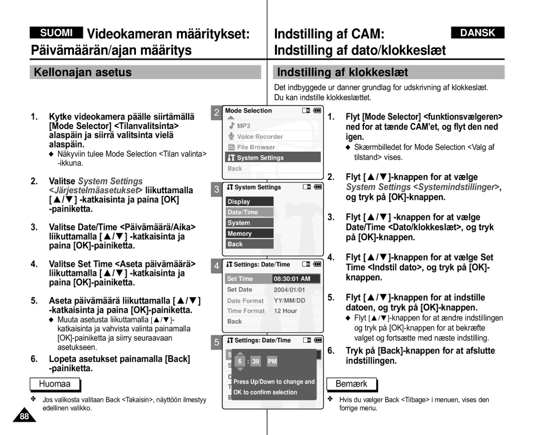 Samsung VP-M110R/XEV manual Kellonajan asetus Indstilling af klokkeslæt, Date/Time Dato/klokkeslæt, og tryk, På OK-knappen 