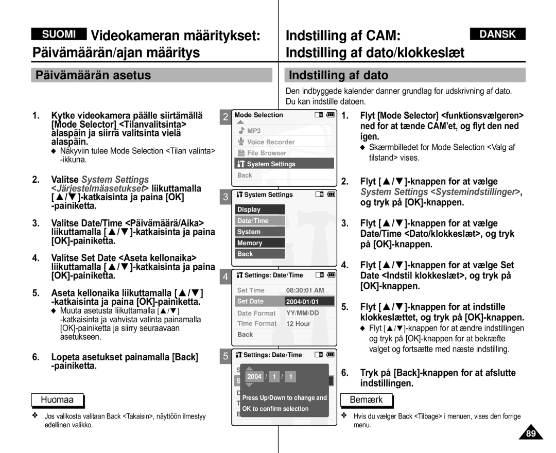 Samsung VP-M105S/XEV, VP-M105S/XEE manual Pä ivä mää rä n asetus Indstilling af dato, Flyt / -knappen for at vælge Set 