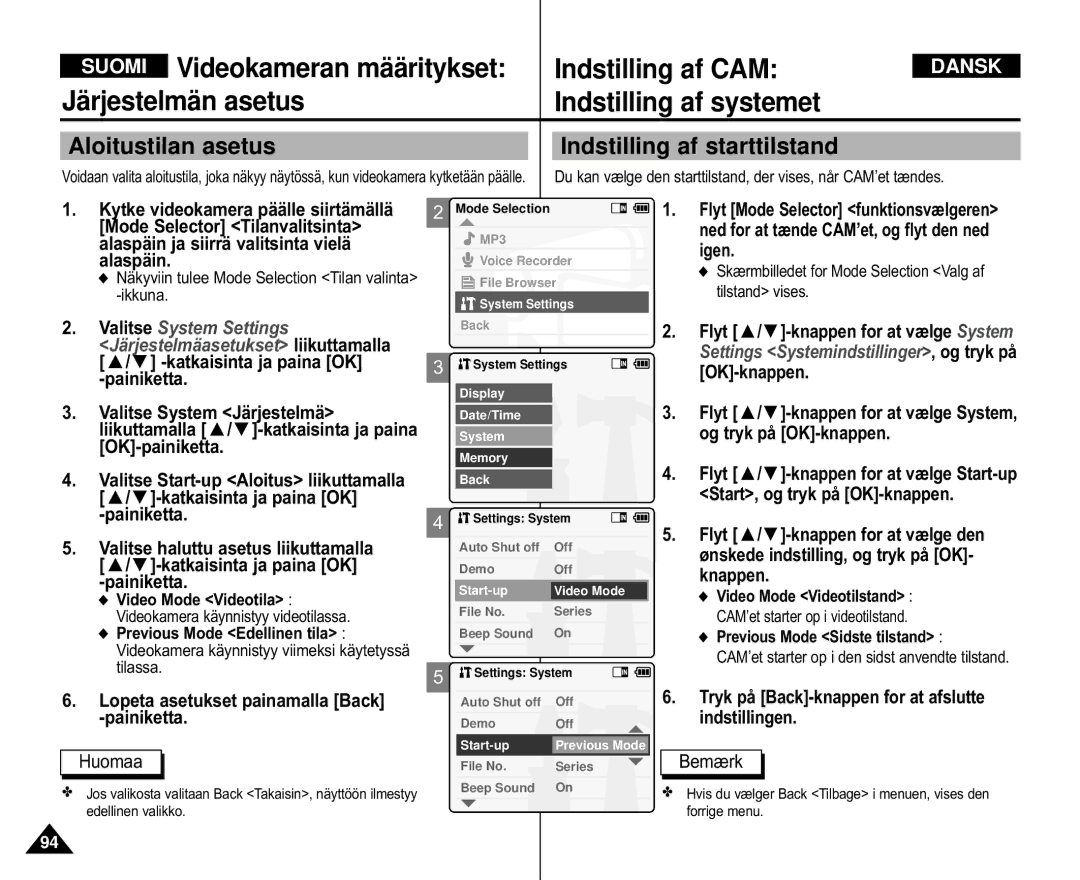 Samsung VP-X110L/XEV, VP-M105S/XEV manual Aloitustilan asetus Indstilling af starttilstand, Previous Mode Sidste tilstand 