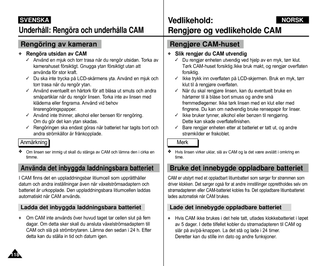 Samsung VP-M110S/XEE, VP-M105S/XEV Rengö ring av kameran, Rengjøre CAM-huset, Bruke det innebygde oppladbare batteriet 