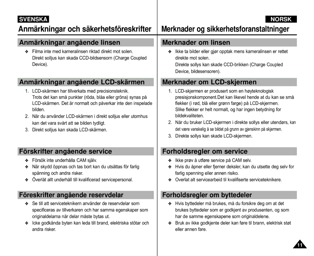 Samsung VP-M105R/XEV manual Anmärkningar angående LCD-skärmen Merknader om LCD-skjermen, Förskrifter angående service 