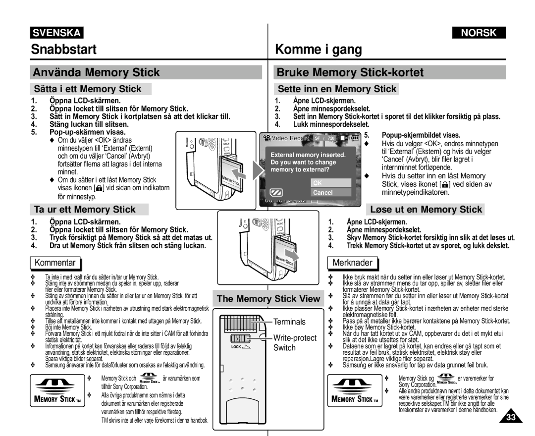 Samsung VP-M105B/XEV, VP-M105S/XEV manual Snabbstart, Anvä nda Memory Stick, Bruke Memory Stick-kortet, Memory Stick View 