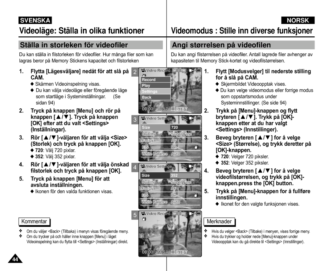 Samsung VP-M105S/XEV, VP-M105S/XEE manual Videoläge Ställa in olika funktioner, OK efter att du valt Settings, Inställningar 