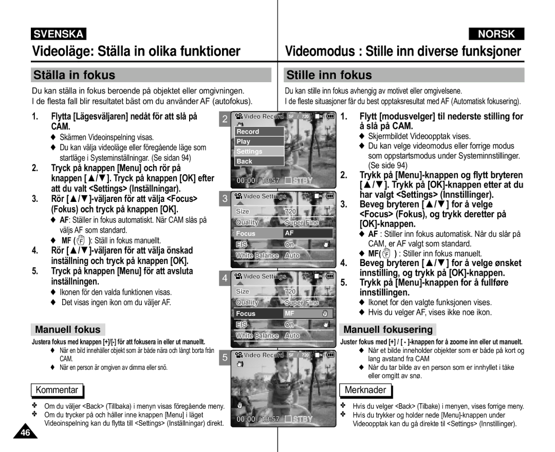 Samsung VP-M110S/XEE, VP-M105S/XEV, VP-M105S/XEE Stä lla in fokus Stille inn fokus, Inställningen.4, Manuell fokusering 