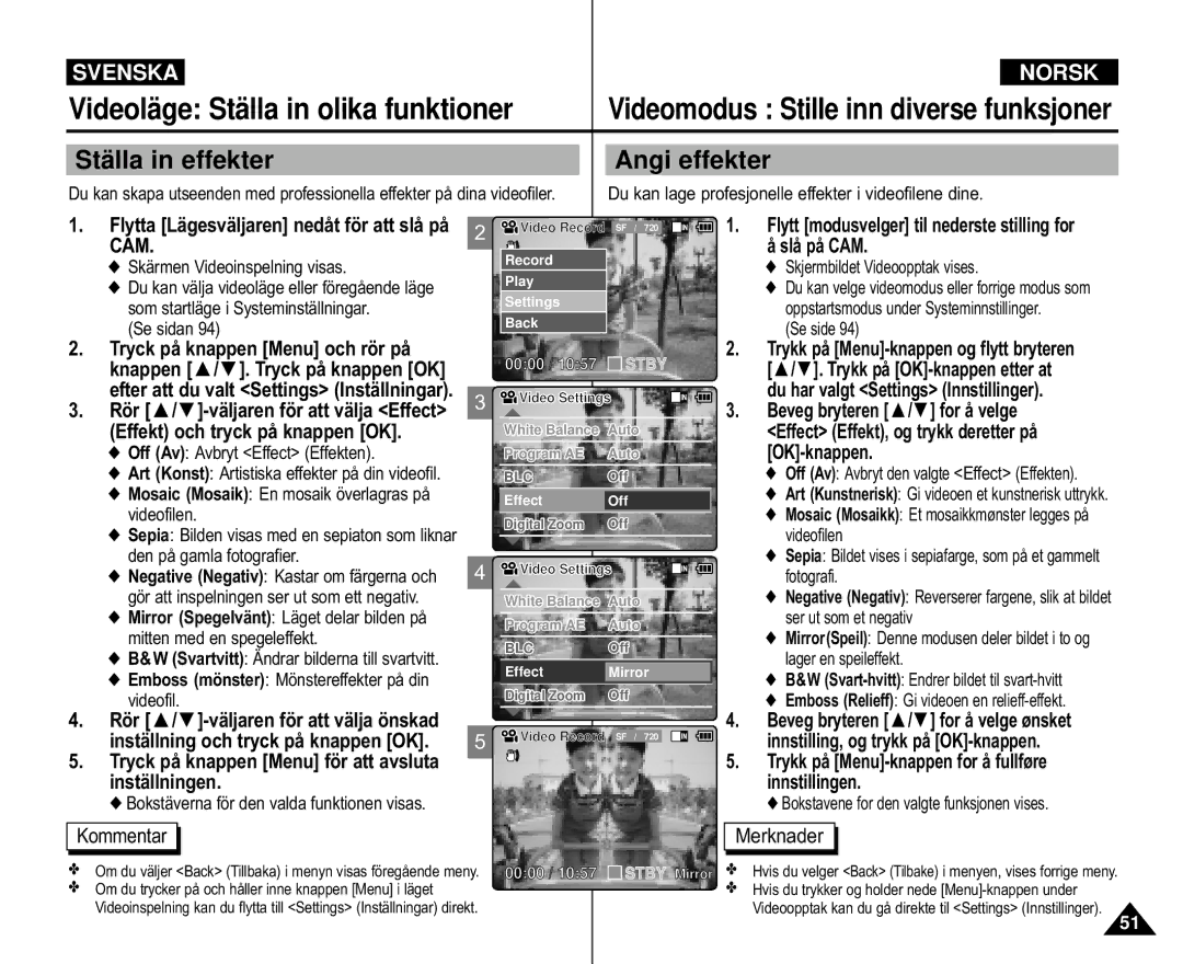 Samsung VP-M105B/XEV, VP-M105S/XEV, VP-M105S/XEE manual Stä lla in effekter Angi effekter, Effekt och tryck på knappen OK 