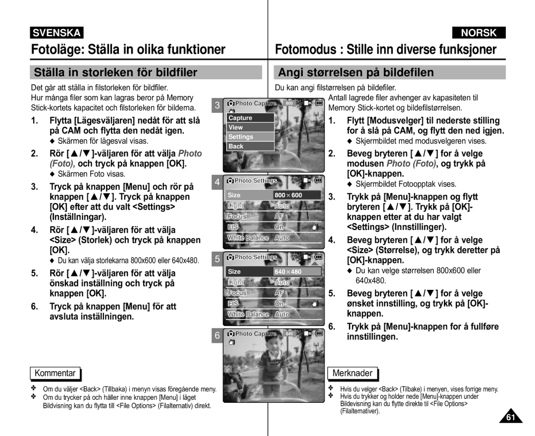 Samsung VP-M110R/XEV, VP-M105S/XEV Fotoläge Ställa in olika funktioner, Fotomodus Stille inn diverse funksjoner, 640x480 