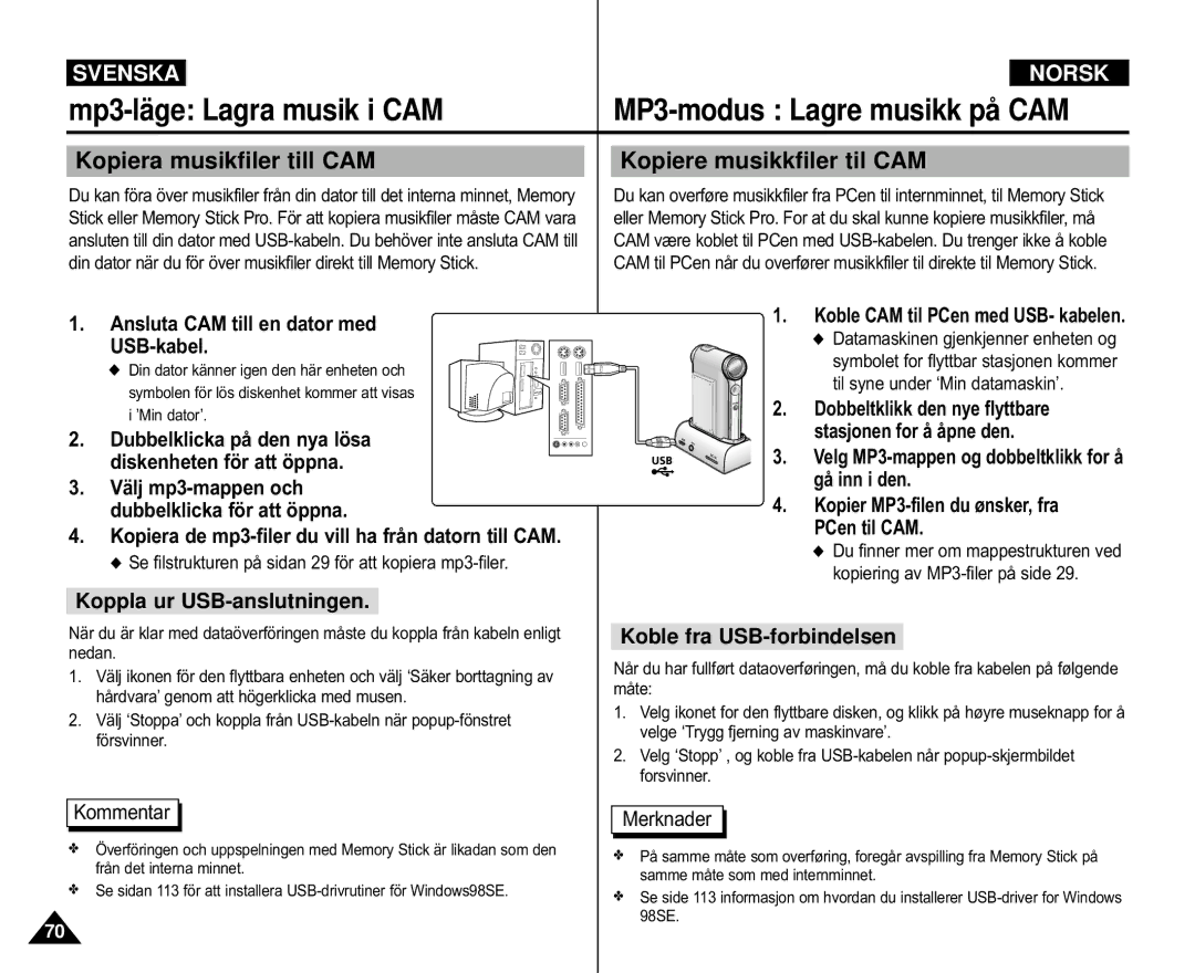 Samsung VP-M110R/XEV Mp3-läge Lagra musik i CAM MP3-modus Lagre musikk på CAM, Ansluta CAM till en dator med USB-kabel 