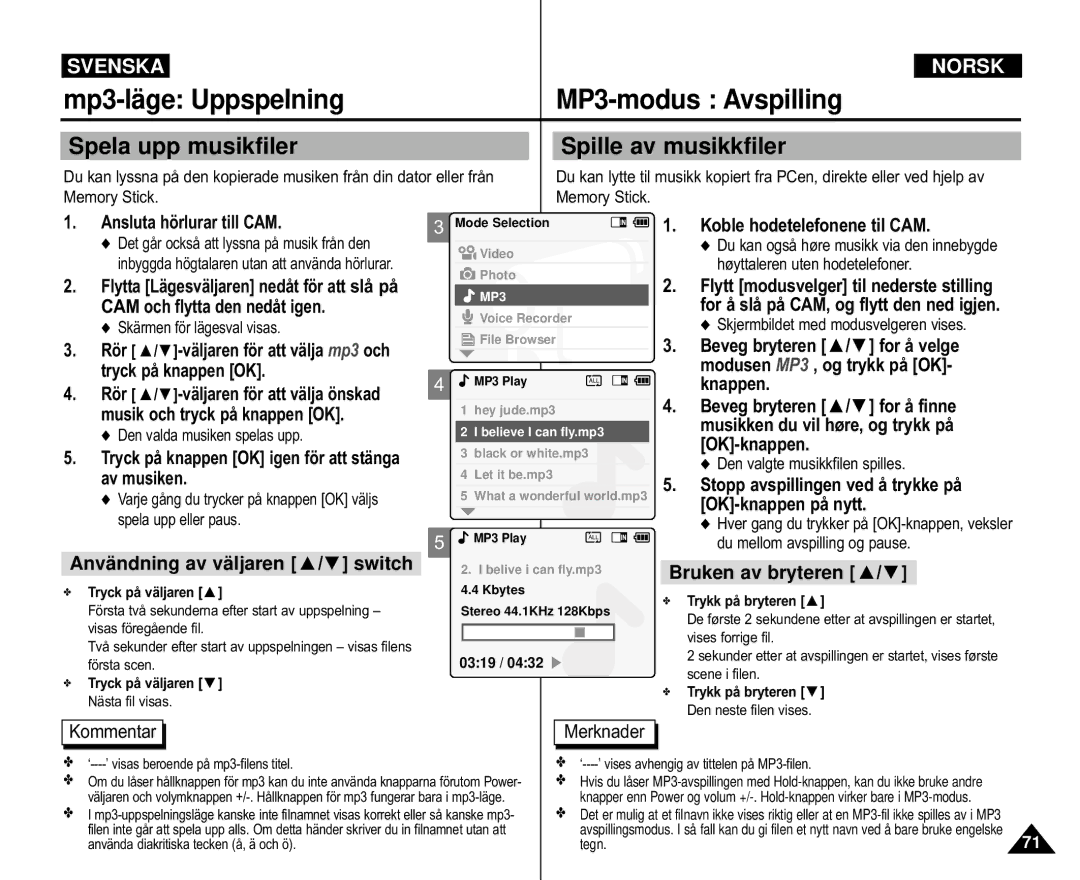 Samsung VP-M105S/XEV, VP-M105S/XEE Mp3-läge Uppspelning MP3-modus Avspilling, Spela upp musikfiler Spille av musikkfiler 