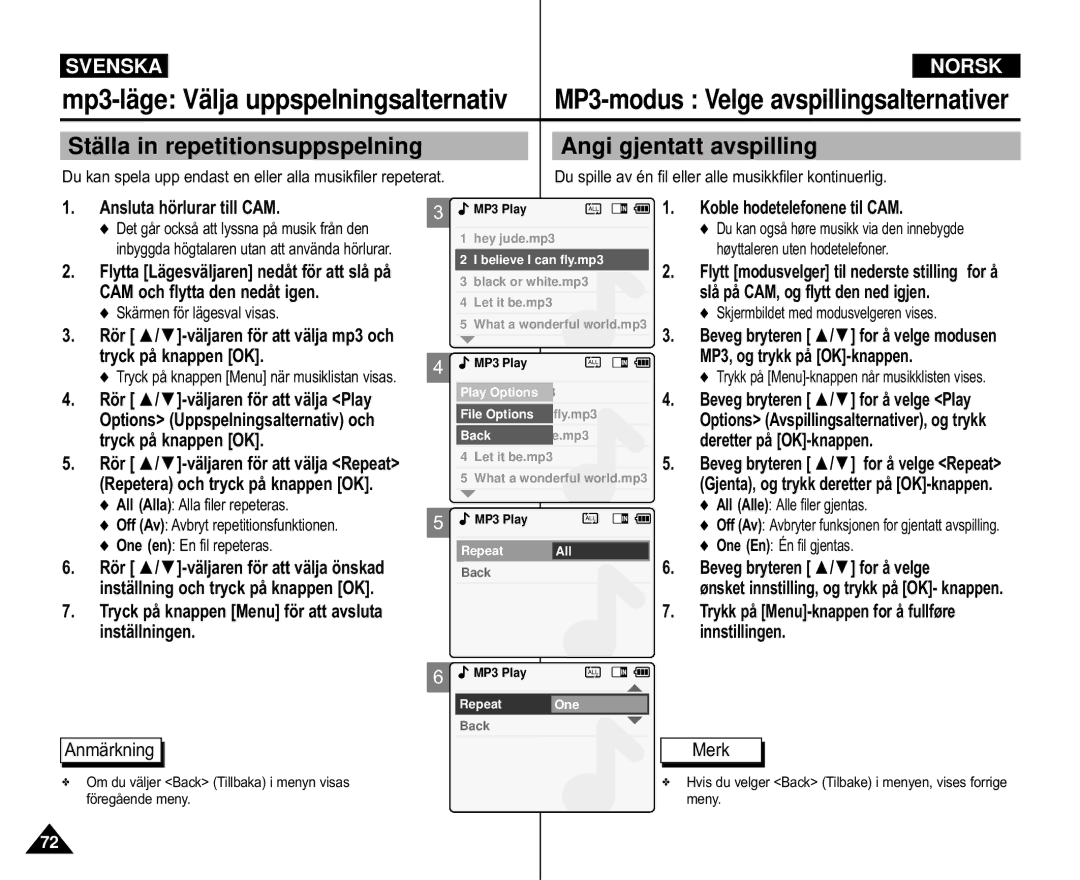 Samsung VP-M105S/XEE Mp3-läge Välja uppspelningsalternativ, Stä lla in repetitionsuppspelning Angi gjentatt avspilling 