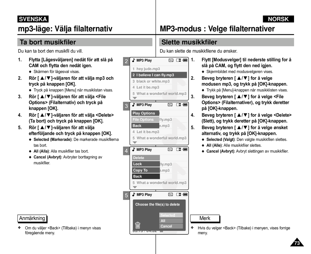 Samsung VP-M110S/XEE, VP-M105S/XEV manual Ta bort musikfiler, Slette musikkfiler, Du kan ta bort den musikfil du vill 