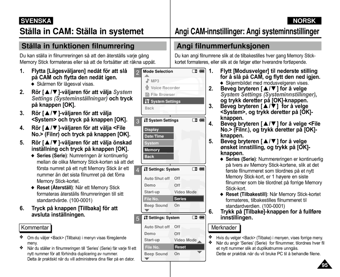 Samsung VP-M110B/XEV Stä lla in funktionen filnumrering Angi filnummerfunksjonen, Memory Stick-kort, er 1 høyere en siste 