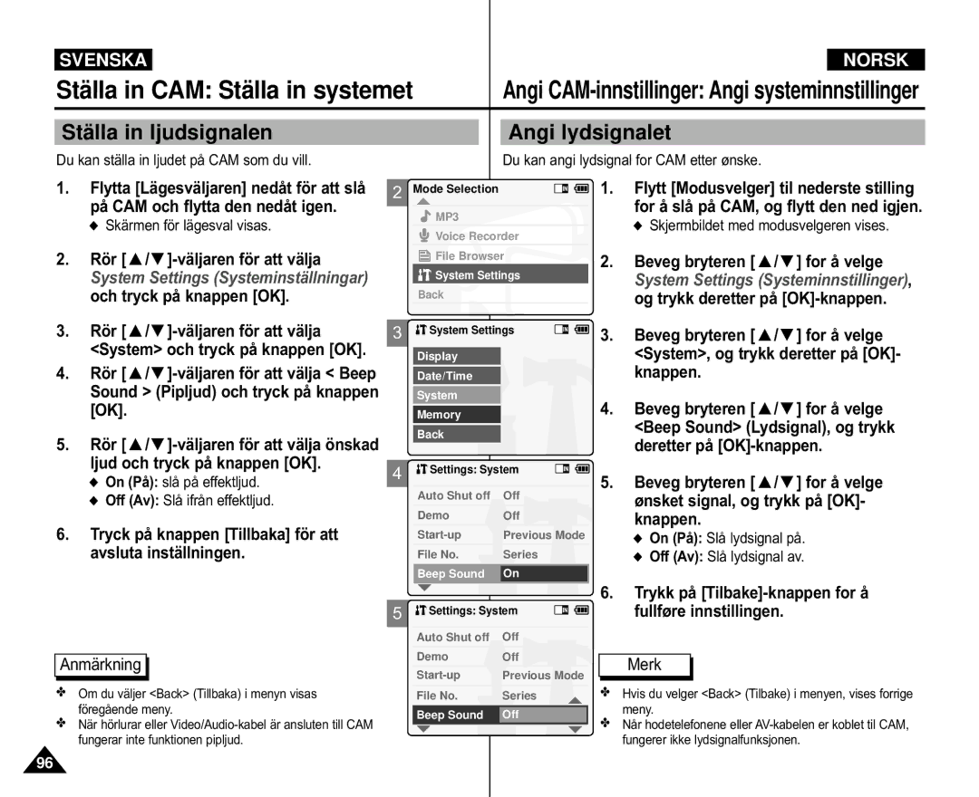 Samsung VP-M105B/XEV Stä lla in ljudsignalen, Angi lydsignalet, Ljud och tryck på knappen OK, On På slå på effektljud 