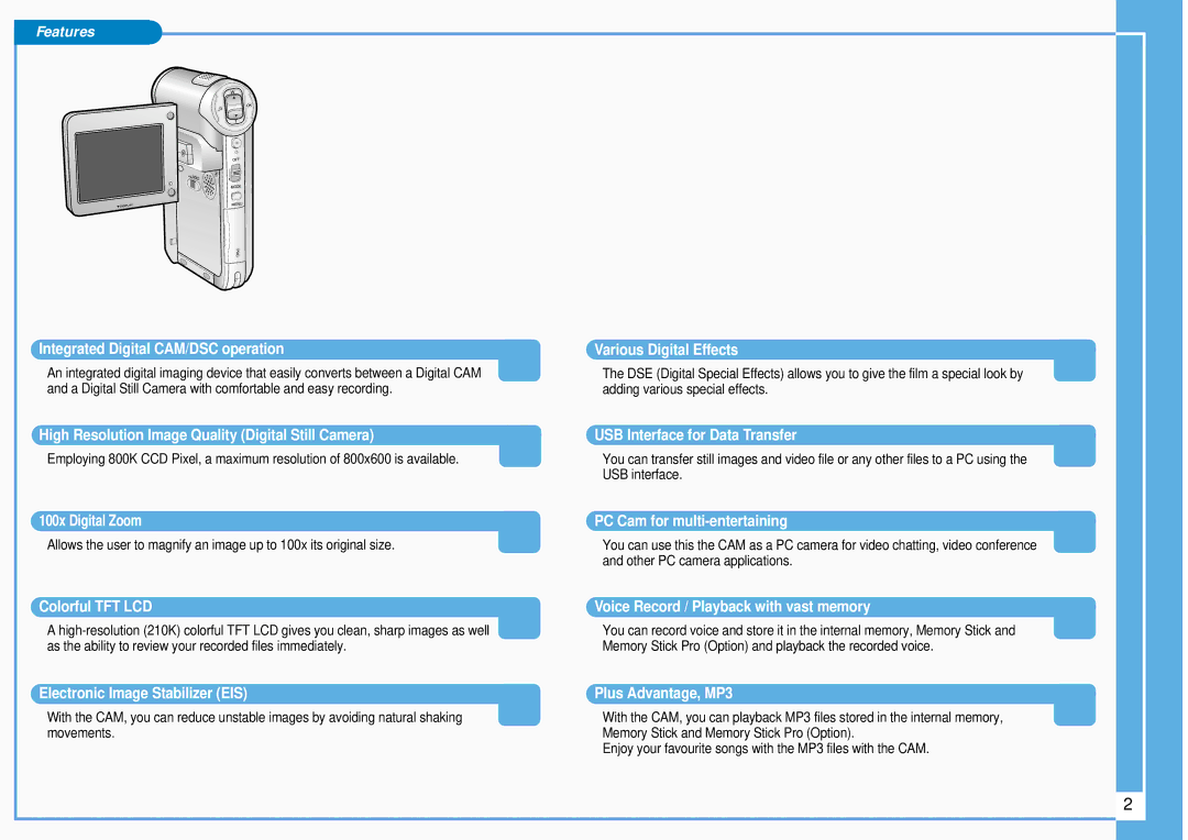 Samsung VP-M105S/XEV, VP-M105S/XEE manual Features, Integrated Digital CAM/DSC operation 